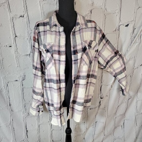 Lavender Purple Plaid Double Pocket Button Down Long Sleeve Bleach Splatter Sz L - Picture 1 of 7